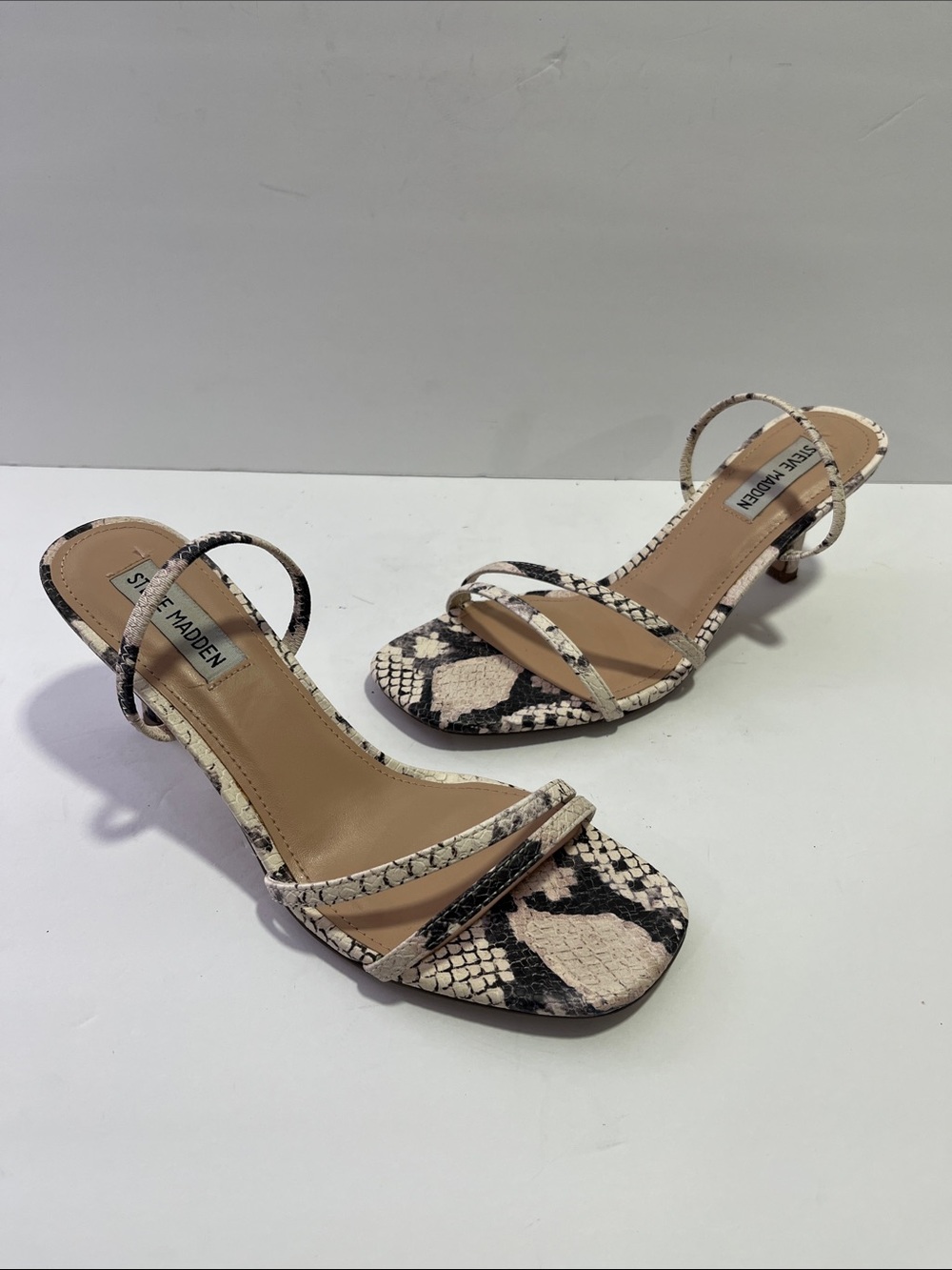 Steve Madden Black and Beige Snake-Print Strappy Heels Sz 8.5